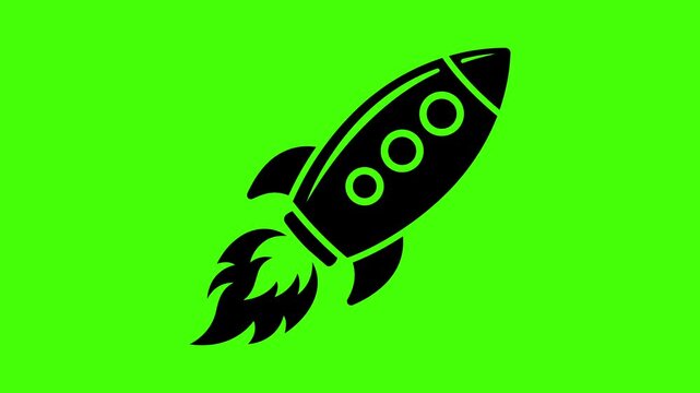 Rocket icon animation, space ship launch sign, vector illustration isolated on green background