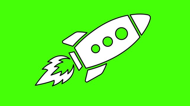 Rocket icon animation, space ship launch symbol, vector illustration isolated on green background