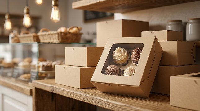 Fresh cupcakes in a cardboard box on a wooden counter inside a cozy bakery shop with warm lighting. customizable cupcake boxes