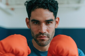Fototapeta premium Determined male boxer close portrait with orange gloves in indoor gym for sports poster banner background and fighting training