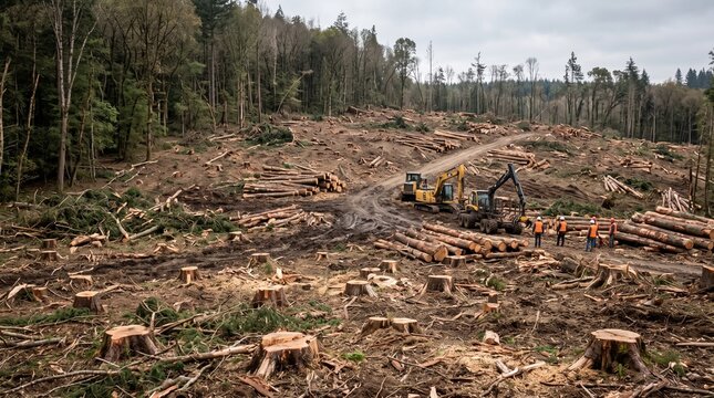 Forest machinery destroying trees and clearing land in a massive deforestation project for wood production and logging industry