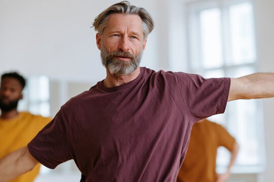 Mature bearded man leading contemporary dance class in bright studio background for wellness movement poster and fitness banner