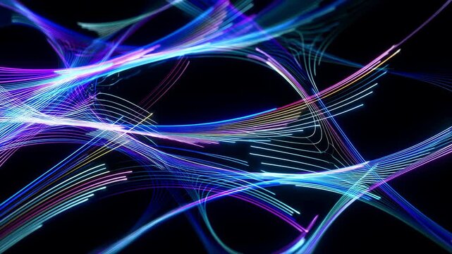 Crossing neon ribbons and filaments weaving across deep black space with layered curved arcs, intersecting diagonals, glowing highlights, and luminous web patterns