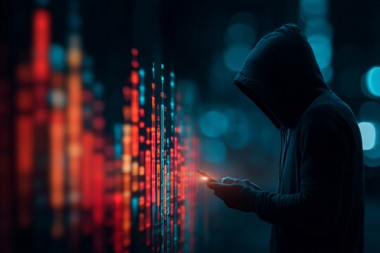 Silent infiltration: the art and threat of cyber intrusion. Market indicators. Symbolic hues of cyber threats: a hacker's interaction with technology. Bullish trend. Digital currency.