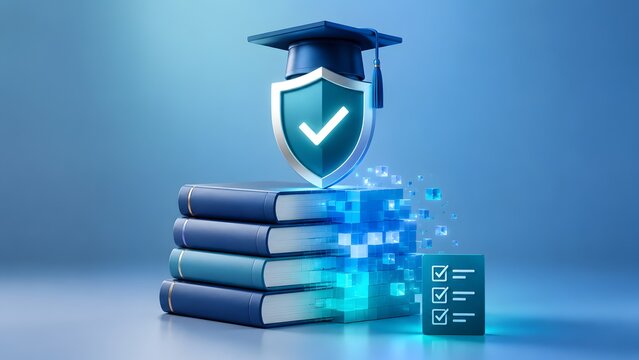Concept of secure digital education, emphasizing certified learning, academic achievement, and data integrity with traditional books and a graduation cap.