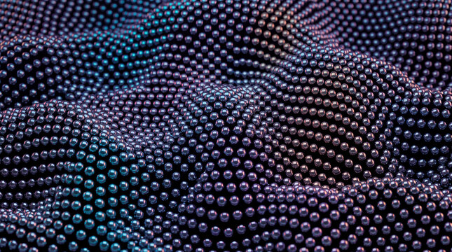 Undulating wave of iridescent metallic spheres in 3D abstract render
