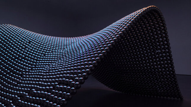 Rippling wave crest of chrome spheres glowing at the base