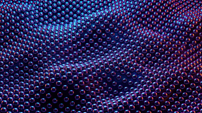 Cascading strands of metallic spheres illuminated by neon light lines