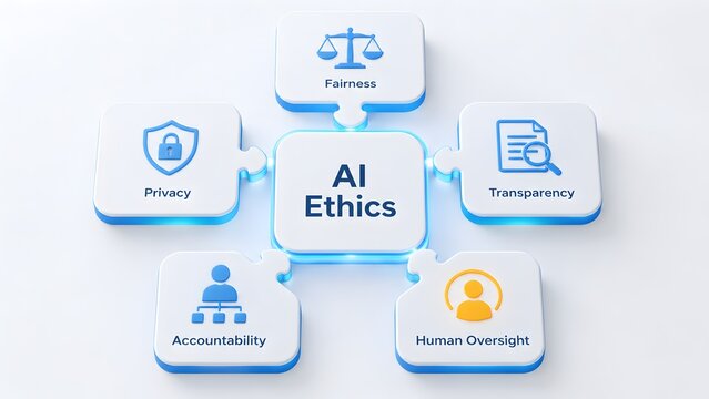 Exploring the fundamental principles of Artificial Intelligence ethics, highlighting fairness, privacy, transparency, accountability, and human oversight in responsible AI development.