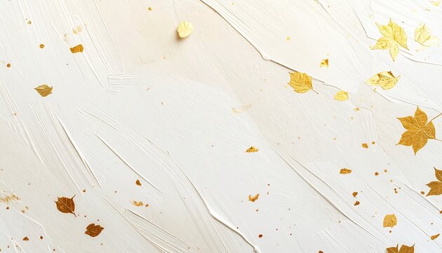 Textured white paper background with gold and amber leaf fragments, elegant autumn material