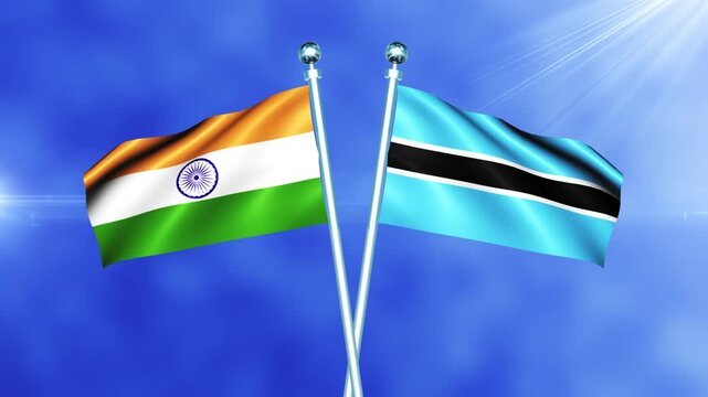 India and Botswana Flags Relations Concept with Crossed National Flags Waving on Pole Loop Against a Bright Cloudy Sky