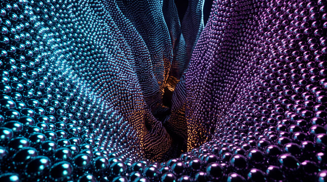 Glowing gap between two walls of iridescent chrome spheres