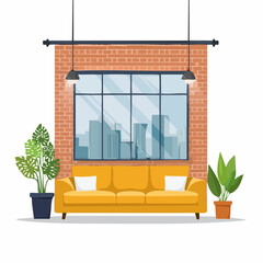 Modern loft interior with brick wall and sofa. Industrial living room with city view window. © Freelance