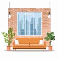 Modern loft interior with brick wall and sofa. Flat vector living room with city view. © Freelance