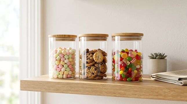 Three glass jars with wooden lids filled with sweet cookies and colorful candies on a wooden shelf. glass treat holders