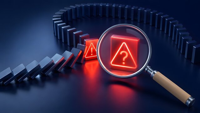 Magnifying glass examining an impending crisis, represented by a domino chain reaction, highlighting risk assessment, strategic planning, and identifying future challenges.