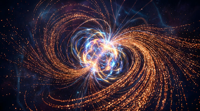 Abstract glowing energy vortex with golden particle streams