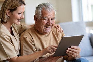 Fototapeta premium Warm smile fills elderly man's face as he engages with tablet. Young woman, smiling kindly, supports him gently. Soft lighting highlights their shared joy and connection. Ideal for senior care