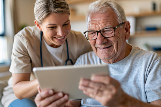 Warm smile shared between caregiver and elderly man. Both focus on tablet with mutual trust and joy. Soft lighting enhances comfort and connection. Ideal for healthcare, senior care