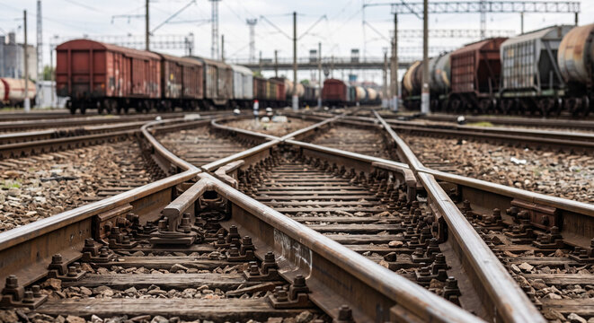 Railway switch tracks crossing through a busy freight yard with cargo wagons in the background and complex rail terminal infrastructure
