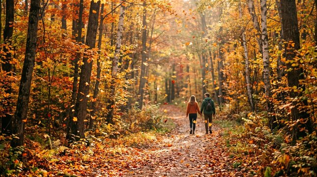 Couple enjoying a peaceful stroll through a vibrant autumn forest, bathed in sunlight with a path covered in colorful falling leaves and rich fall foliage