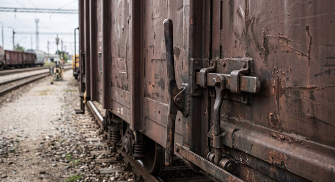 Rusty freight boxcar door latch and weathered side panel close-up showing industrial railway cargo hardware and aged metal texture