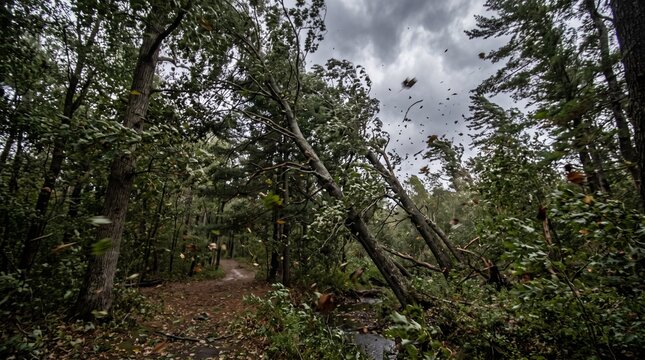 A dense forest endures the relentless power of heavy wind, with trees bending dramatically and leaves swirling through the dark, overcast sky during a powerful storm