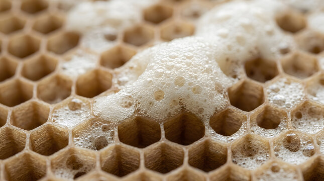 Close-up of honeycomb cells with foamy white honey bubbles