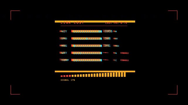 Data Link Degradation Glitch Signal Loss Stale Packet HUD Overlay Amber Red Transparent Alpha Seamless Loop 4K