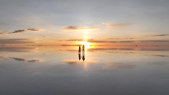 Uyuni Salt Flat at sunset with a person walking near a parked vehicle, creating a mirror reflection on the water surface, Bolivia. Time Lapse, aerial view.
