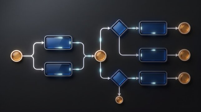 Automated workflow logic diagram showing glowing digital process nodes and decision tree routing on dark background