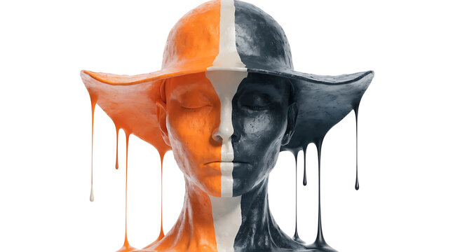 Minimalist split face portrait abstract human head monochrome orange white background surreal art concept art painted face drips symmetrical
