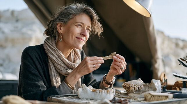 Paleoanthropologist holding fossil jawbone fragment under field lamp at excavation table, comparison cast of known hominin specimen beside it, dust brush resting on sifting