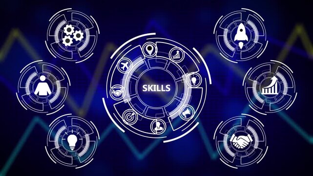 Coach motivation to skills improvement. Education concept. Training. Leadership skills. Human abilities. Business graph background showing fluctuations of trading stock market.
