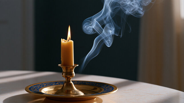 smoke wisp dark background with single thread of pale vapor rising from extinguished beeswax candle in minimalist meditation space after evening Rosh Hashanah observance ceremony
