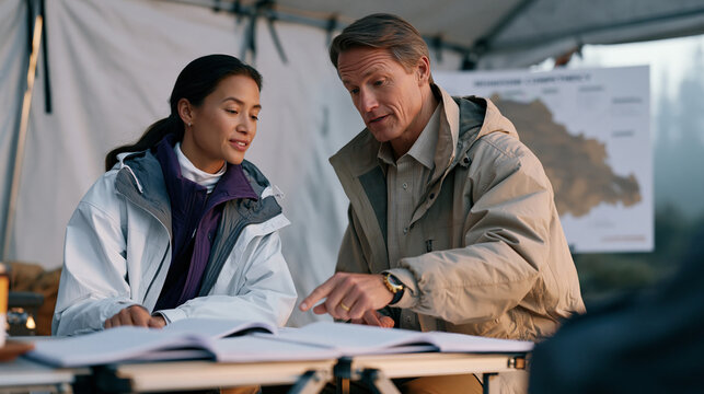 Seasoned executive participates in leadership development program wilderness immersion retreat debrief in industrial base camp tent, field notebooks open on folding table,