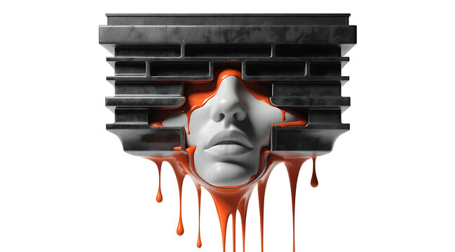 Surreal monochrome portrait with orange drip, abstract face sculpture and black metal frame on white background