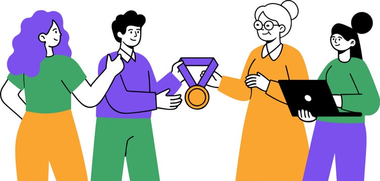 Diverse Team Members Presenting an Award for Achievement and Recognition illustration in Corporate Memphis style
