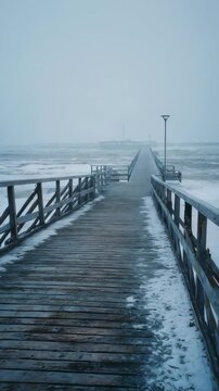 Deserted boardwalk leads through frosty landscape, surrounded by icy water and gentle snowfall. Minimalist composition highlights peaceful winter scenery and serene mood