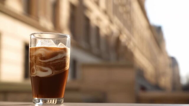 Tall glass of iced coffee with milk swirl on outdoor table against blurred city facade, sunlit closeup emphasizing ice, condensation, rim highlights, and rich layered drink