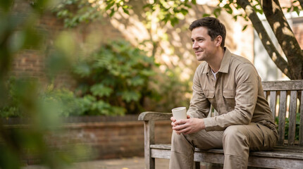 Fototapeta premium Smiling young man sitting on a wooden bench in a lush garden holding a white mug, enjoying a peaceful moment outdoors with copy space