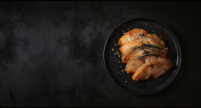 Crispy fried kingfish slices served on black plate with copy space