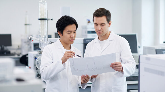 Two male scientists in white lab coats reviewing a chromatogram graph in a modern laboratory setting with copy space