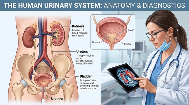 Human urinary system anatomy and diagnostics infographic, medical doctor analyzing kidney and bladder health on digital tablet, urology education poster