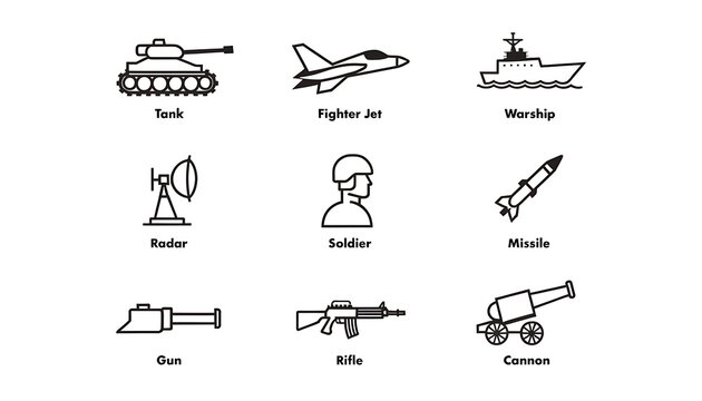 A collection of Military icons set with editable stroke, including Tank, Fighter Jet, Warship, Radar, Soldier, Missile, Gun, Rifle, Cannon. Thin linear vector illustration. 