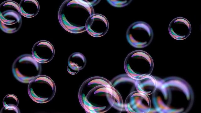 Iridescent soap bubbles drifting across dark backdrop with layered translucency, doubled rims, soft highlights, rainbow sheen, subtle blur, and elegant abstract contrast