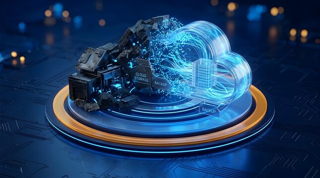 Visualizing the sophisticated process of data migration, transforming raw information into highly organized, secure cloud storage and comprehensive backup.
