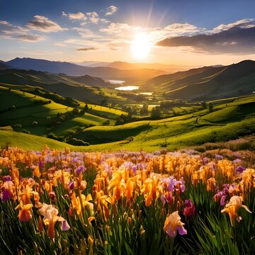 Stunning sunset over a vibrant field of colorful iris flowers in a rolling green valley.