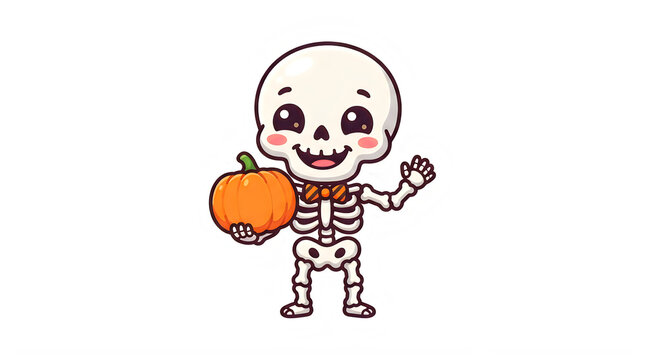 Cute kawaii skeleton character vector graphic, happy Halloween dummy holding orange pumpkin, cartoon bone illustration for spooky party design isolated PNG with Transparent Background Halloween