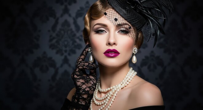 Elegant Vintage Woman in 1920s Gatsby Style with Pearl Necklace, Lace Gloves, and Veil Hat Against Dark Damask Background